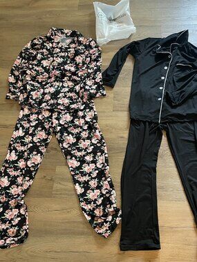 Real Essentials Women's Loong Sleeve PJ Set of 2 W/Pants Floral Solid Medium!